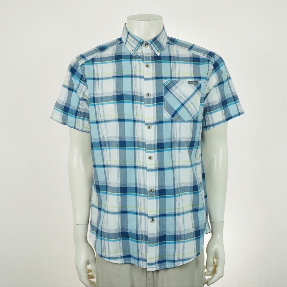 Eddie Bauer Button Down Shirt Mens Medium White Plaid Classic Fit Outdoor Tech